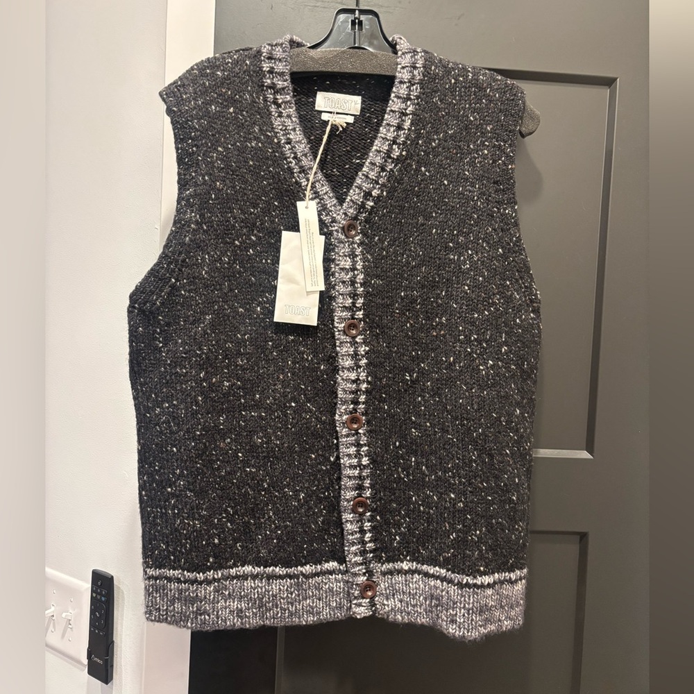 TOAST Donegal Wool Tank Top Vest Jumper Black Grey Marl Button Cardigan Med NWT